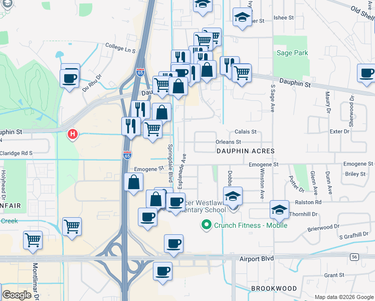 map of restaurants, bars, coffee shops, grocery stores, and more near 115 Esplanade Avenue in Mobile