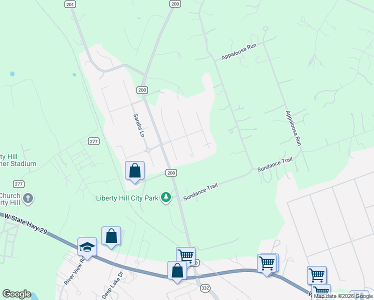 map of restaurants, bars, coffee shops, grocery stores, and more near 109 South Buckboard in Liberty Hill