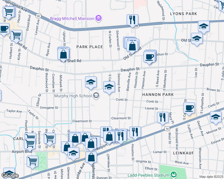 map of restaurants, bars, coffee shops, grocery stores, and more near 31 South Carlen Street in Mobile