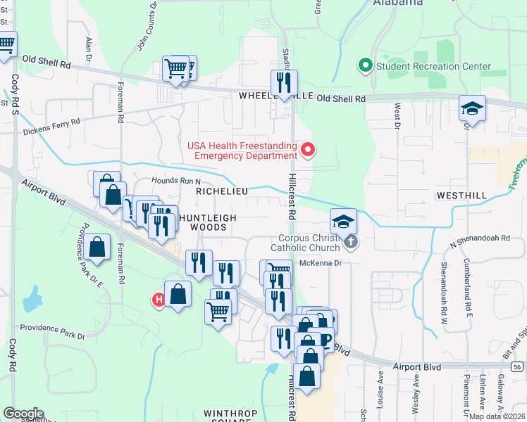 map of restaurants, bars, coffee shops, grocery stores, and more near 6412 Brindlewood Court in Mobile