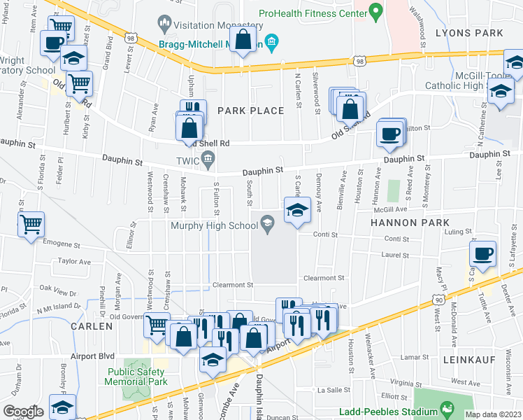map of restaurants, bars, coffee shops, grocery stores, and more near 1948 Wilcox Street in Mobile