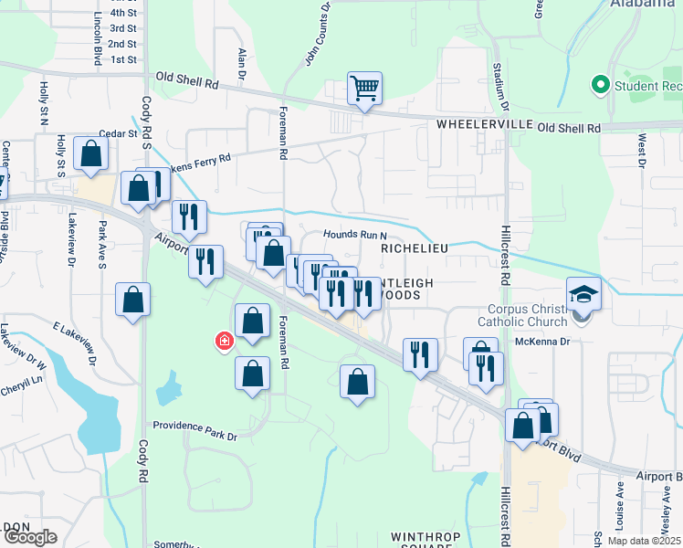 map of restaurants, bars, coffee shops, grocery stores, and more near 6654 Hounds Run South in Mobile