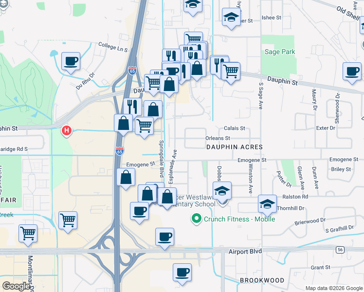 map of restaurants, bars, coffee shops, grocery stores, and more near 115 Esplanade Avenue in Mobile