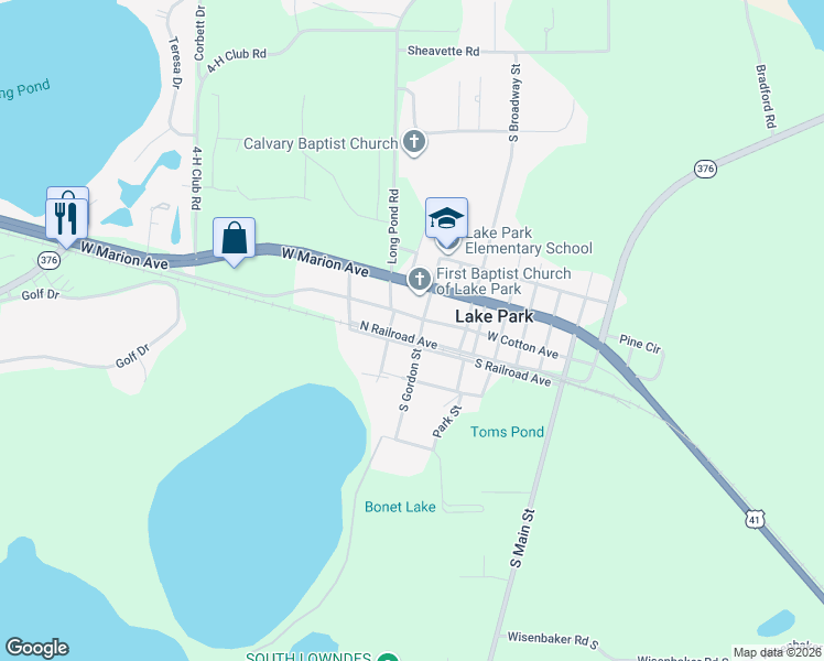 map of restaurants, bars, coffee shops, grocery stores, and more near 111-199 South Gordon Street in Lake Park