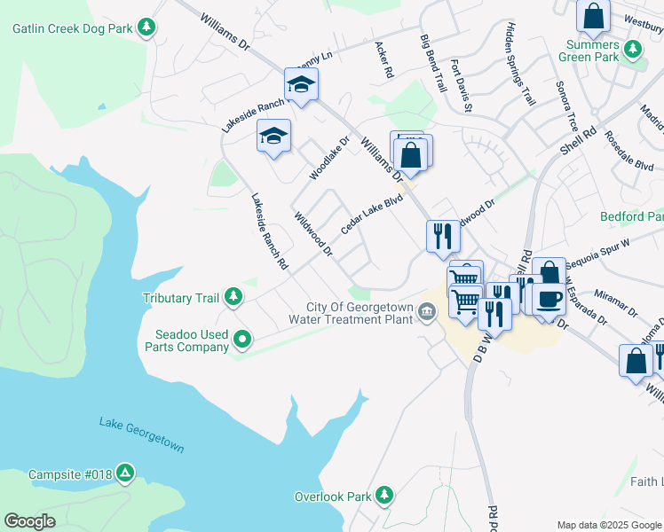 map of restaurants, bars, coffee shops, grocery stores, and more near 401 Wildwood Drive in Georgetown