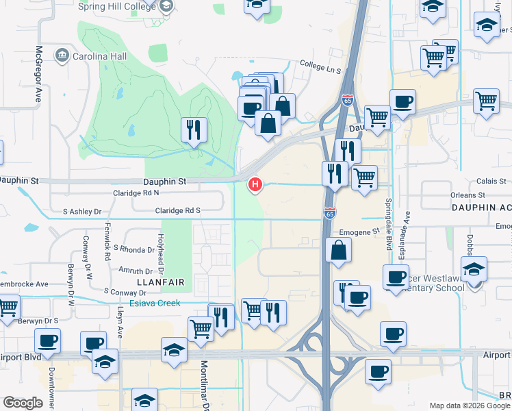 map of restaurants, bars, coffee shops, grocery stores, and more near 100 Memorial Hospital Drive in Mobile