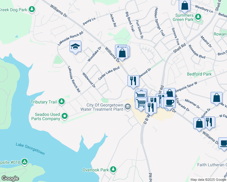 map of restaurants, bars, coffee shops, grocery stores, and more near 4404 Woodstock Drive in Georgetown