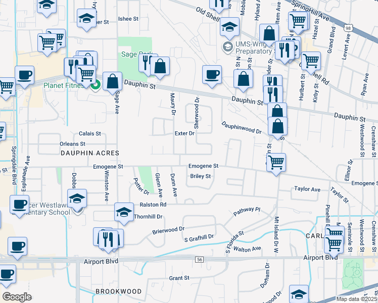 map of restaurants, bars, coffee shops, grocery stores, and more near 2788 South Sherwood Drive in Mobile