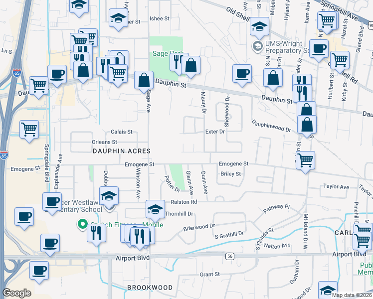 map of restaurants, bars, coffee shops, grocery stores, and more near 109 Blacksher Court in Mobile