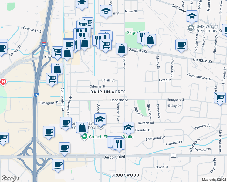 map of restaurants, bars, coffee shops, grocery stores, and more near 3012 Baronne St in Mobile