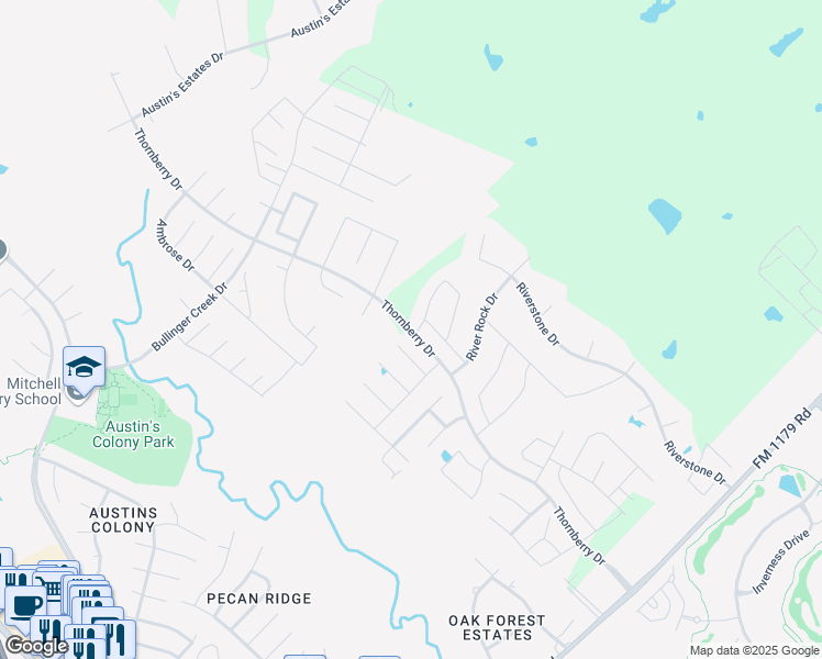 map of restaurants, bars, coffee shops, grocery stores, and more near Thornberry Drive in Bryan