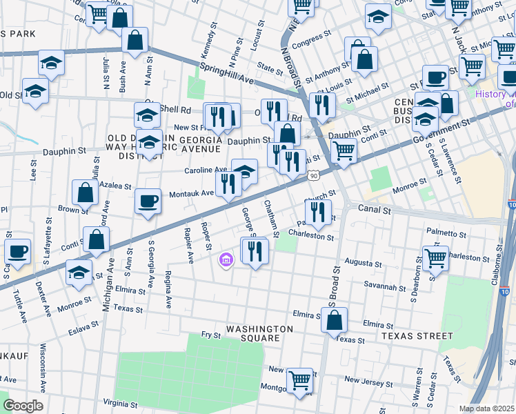 map of restaurants, bars, coffee shops, grocery stores, and more near 1061 Government Street in Mobile