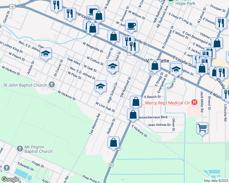 map of restaurants, bars, coffee shops, grocery stores, and more near 1-199 West Pine Street in Ville Platte