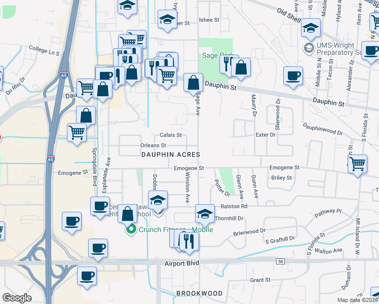 map of restaurants, bars, coffee shops, grocery stores, and more near 3012 Baronne Street in Mobile