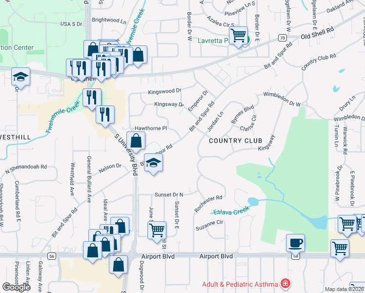 map of restaurants, bars, coffee shops, grocery stores, and more near 4601-4609 Bit and Spur Road in Mobile