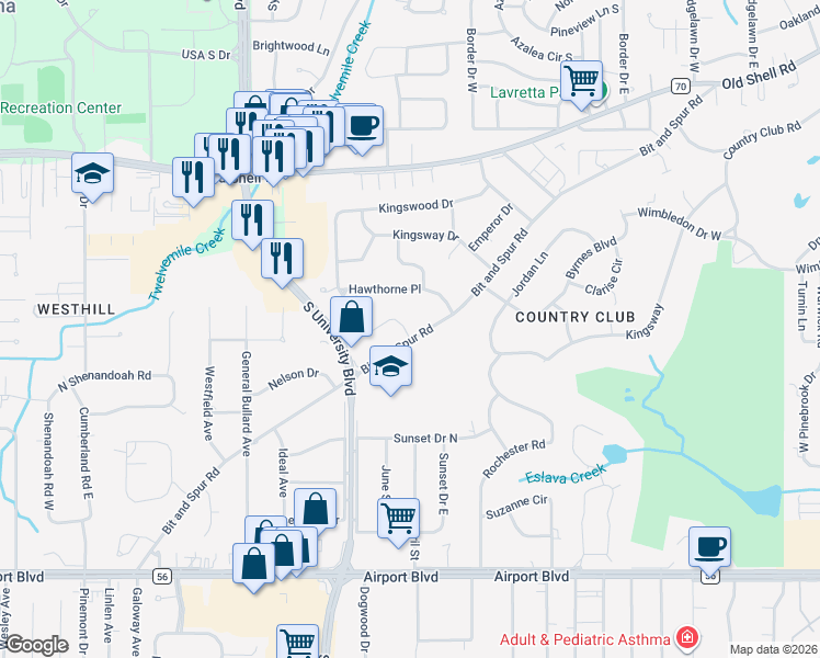 map of restaurants, bars, coffee shops, grocery stores, and more near 4616 Bit and Spur Road in Mobile