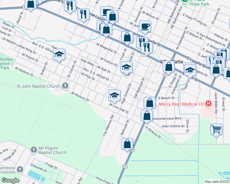 map of restaurants, bars, coffee shops, grocery stores, and more near 607 Harvey Lebas Drive in Ville Platte
