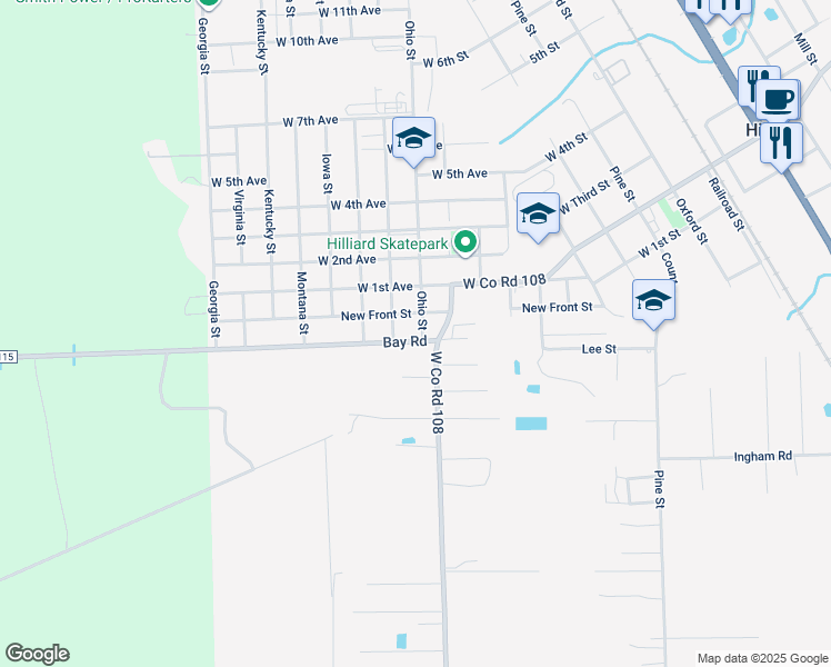 map of restaurants, bars, coffee shops, grocery stores, and more near 175914 Bay Road in Hilliard
