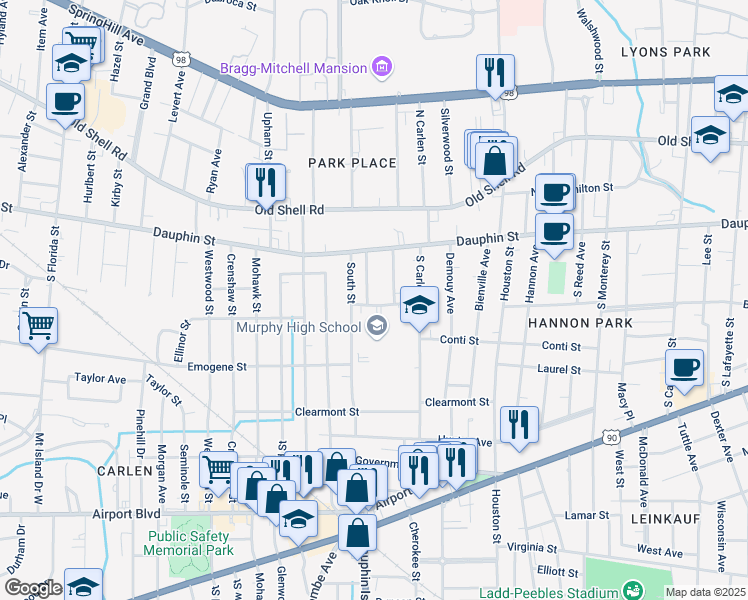 map of restaurants, bars, coffee shops, grocery stores, and more near 1901-1949 Wilcox St in Mobile
