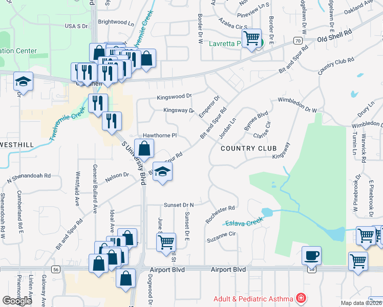 map of restaurants, bars, coffee shops, grocery stores, and more near 4601 Bit and Spur Rd in Mobile