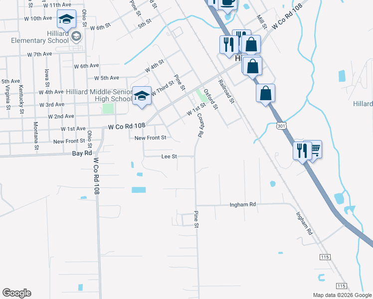 map of restaurants, bars, coffee shops, grocery stores, and more near 8111-8123 Lee Street in Hilliard