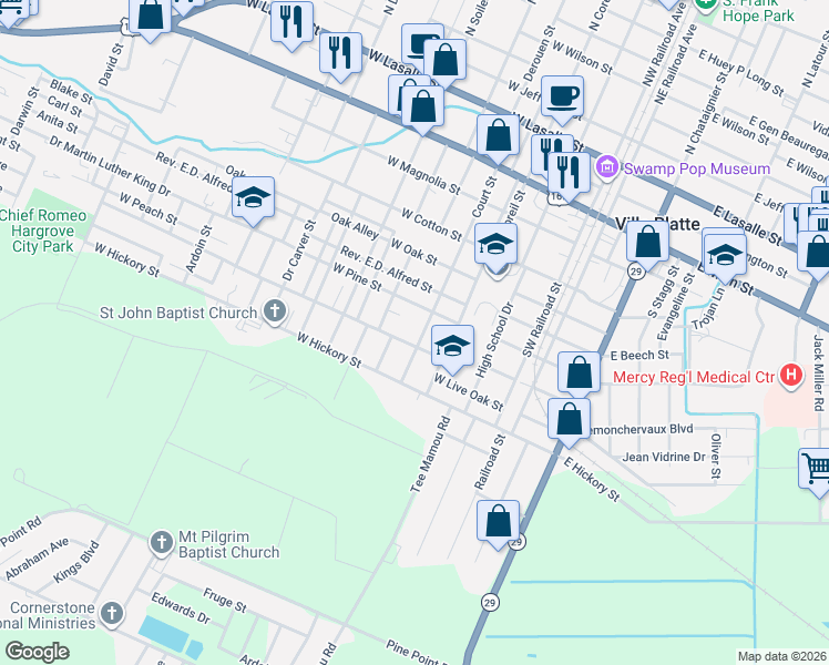 map of restaurants, bars, coffee shops, grocery stores, and more near 415 West Cypress Street in Ville Platte