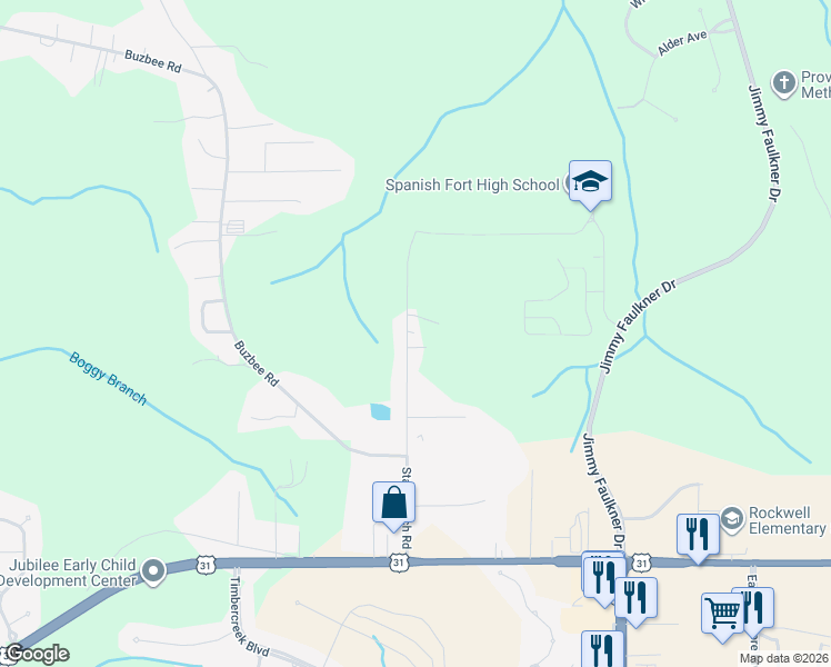 map of restaurants, bars, coffee shops, grocery stores, and more near 31470 Stagecoach Road in Spanish Fort