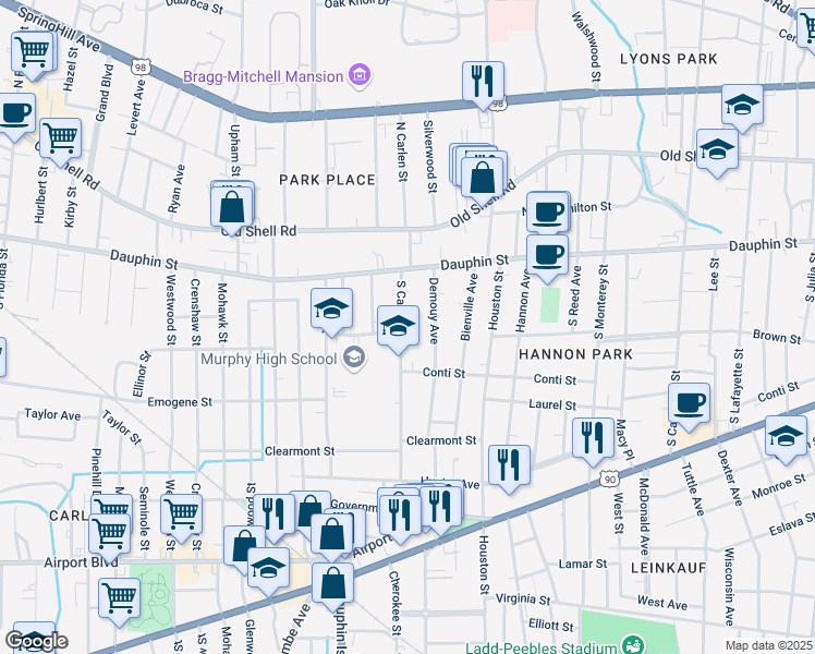 map of restaurants, bars, coffee shops, grocery stores, and more near 27 South Carlen Street in Mobile