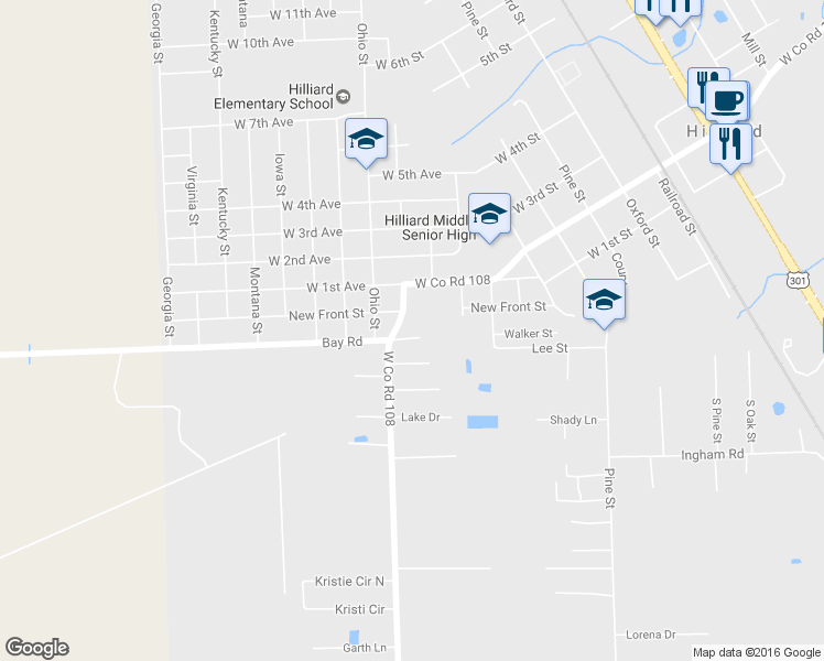 map of restaurants, bars, coffee shops, grocery stores, and more near 27071 Indiana Street in Hilliard