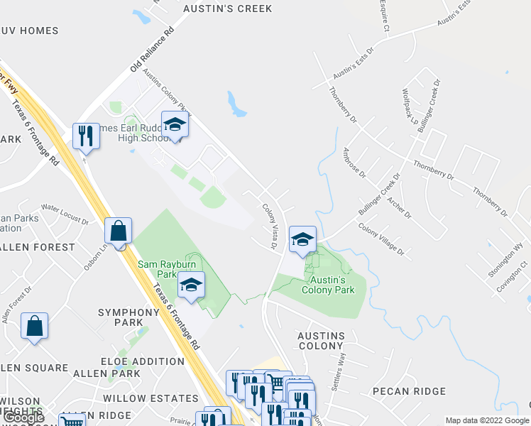 map of restaurants, bars, coffee shops, grocery stores, and more near 2613 Colony Vista Drive in Bryan