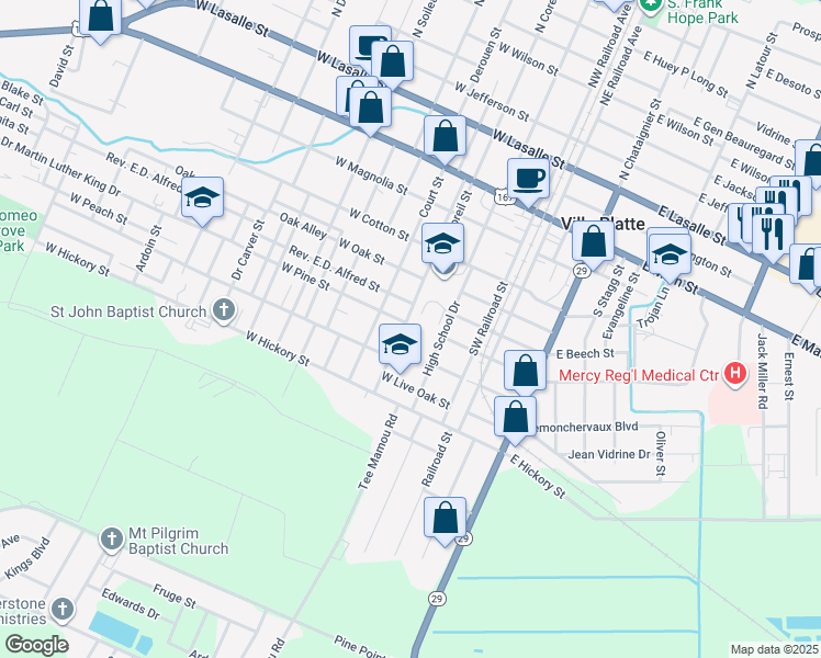 map of restaurants, bars, coffee shops, grocery stores, and more near 607 Harvey Lebas Drive in Ville Platte