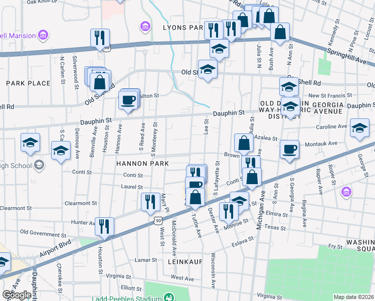 map of restaurants, bars, coffee shops, grocery stores, and more near 1552 Monterey Place in Mobile