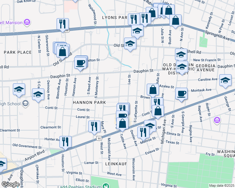 map of restaurants, bars, coffee shops, grocery stores, and more near 1552 Monterey Place in Mobile
