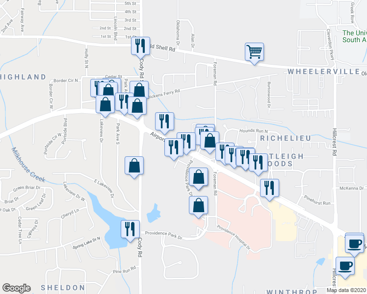 map of restaurants, bars, coffee shops, grocery stores, and more near 6964 Airport Boulevard in Mobile