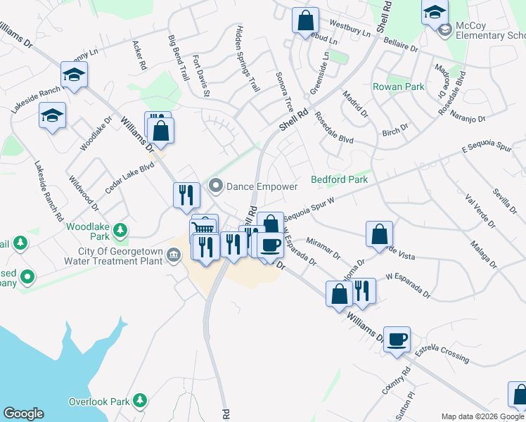 map of restaurants, bars, coffee shops, grocery stores, and more near 704 Sequoia Spur West in Georgetown