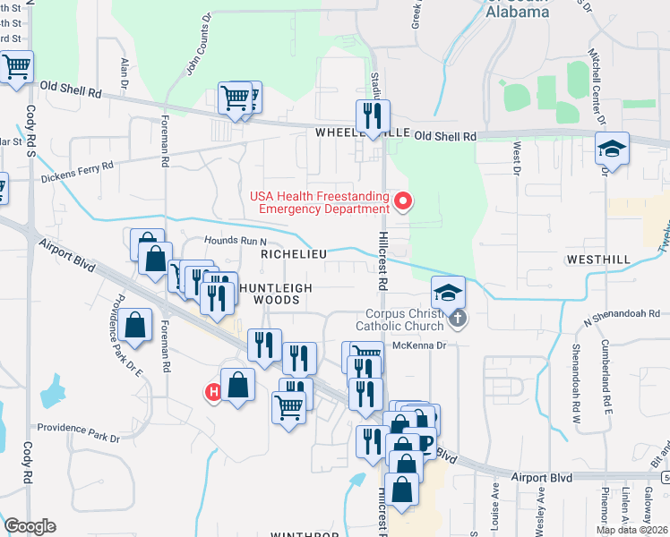 map of restaurants, bars, coffee shops, grocery stores, and more near 6412 Brindlewood Court in Mobile