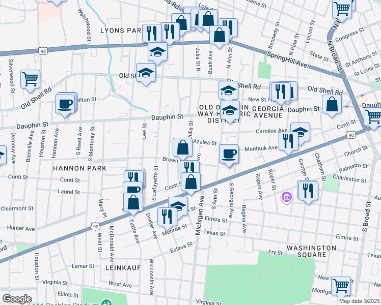 map of restaurants, bars, coffee shops, grocery stores, and more near 70 Bradford Avenue in Mobile