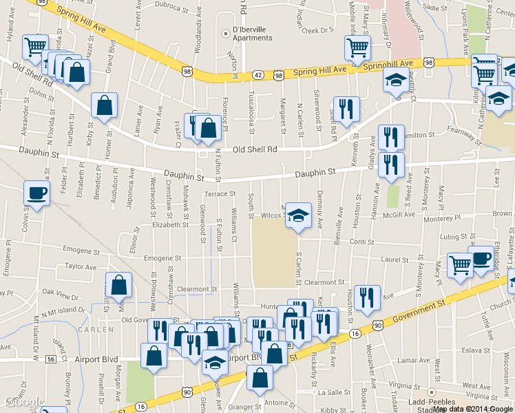 map of restaurants, bars, coffee shops, grocery stores, and more near 51 South Street in Mobile