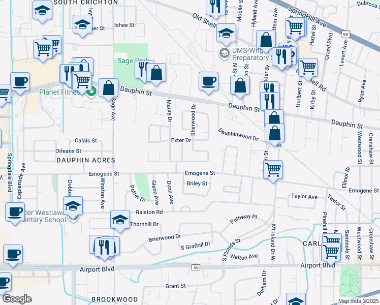 map of restaurants, bars, coffee shops, grocery stores, and more near 2788 South Sherwood Drive in Mobile