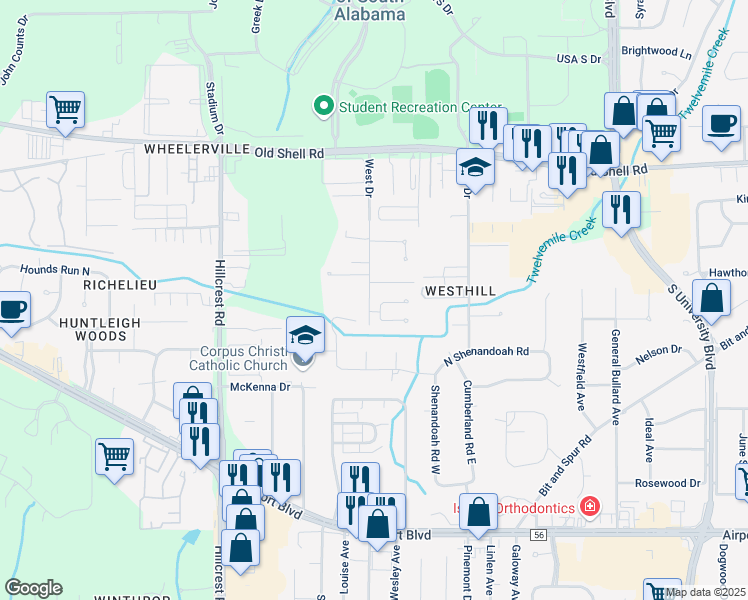map of restaurants, bars, coffee shops, grocery stores, and more near 6130 Venetian Way South in Mobile