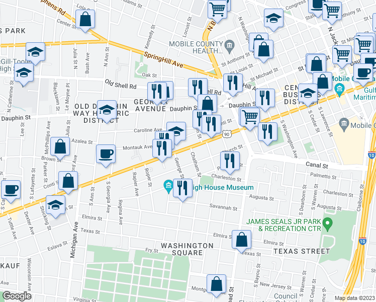 map of restaurants, bars, coffee shops, grocery stores, and more near 1053 Government Street in Mobile
