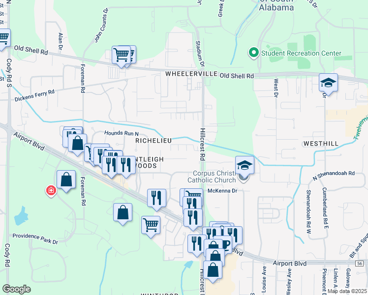 map of restaurants, bars, coffee shops, grocery stores, and more near 270 Hillcrest Road in Mobile