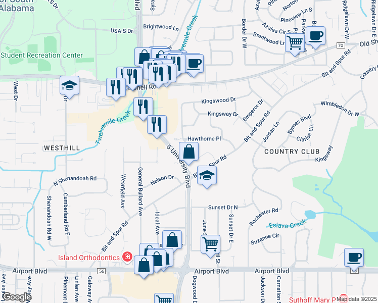 map of restaurants, bars, coffee shops, grocery stores, and more near 119 South University Boulevard in Mobile