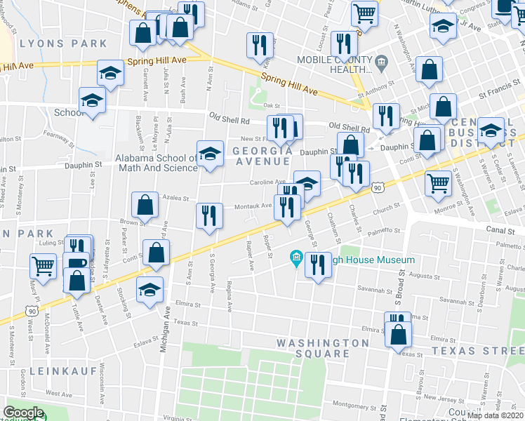 map of restaurants, bars, coffee shops, grocery stores, and more near 1118 Government Street in Mobile