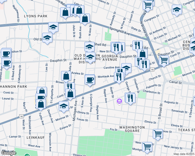 map of restaurants, bars, coffee shops, grocery stores, and more near 1202 Government Street in Mobile