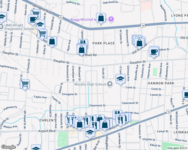 map of restaurants, bars, coffee shops, grocery stores, and more near 102 Williams Court in Mobile