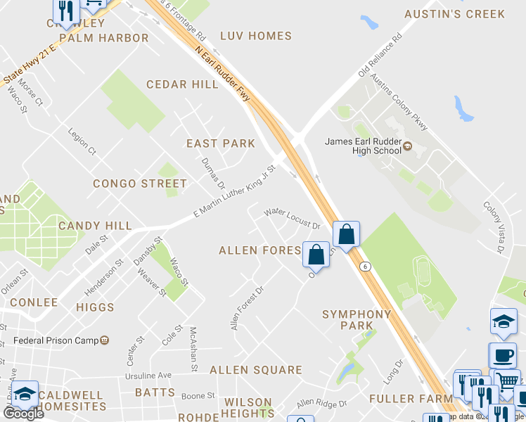 map of restaurants, bars, coffee shops, grocery stores, and more near 2807 Water Locust Drive in Bryan