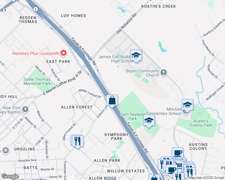 map of restaurants, bars, coffee shops, grocery stores, and more near State Highway 6 Frontage in Bryan