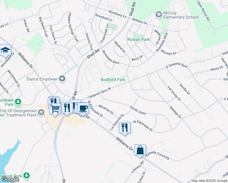 map of restaurants, bars, coffee shops, grocery stores, and more near 502 West Sequoia Spur in Georgetown