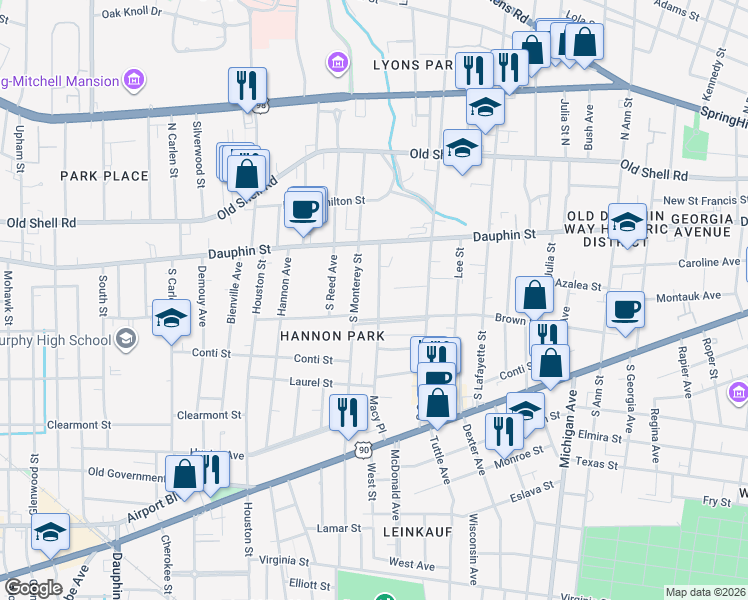 map of restaurants, bars, coffee shops, grocery stores, and more near 15 Macy Place in Mobile